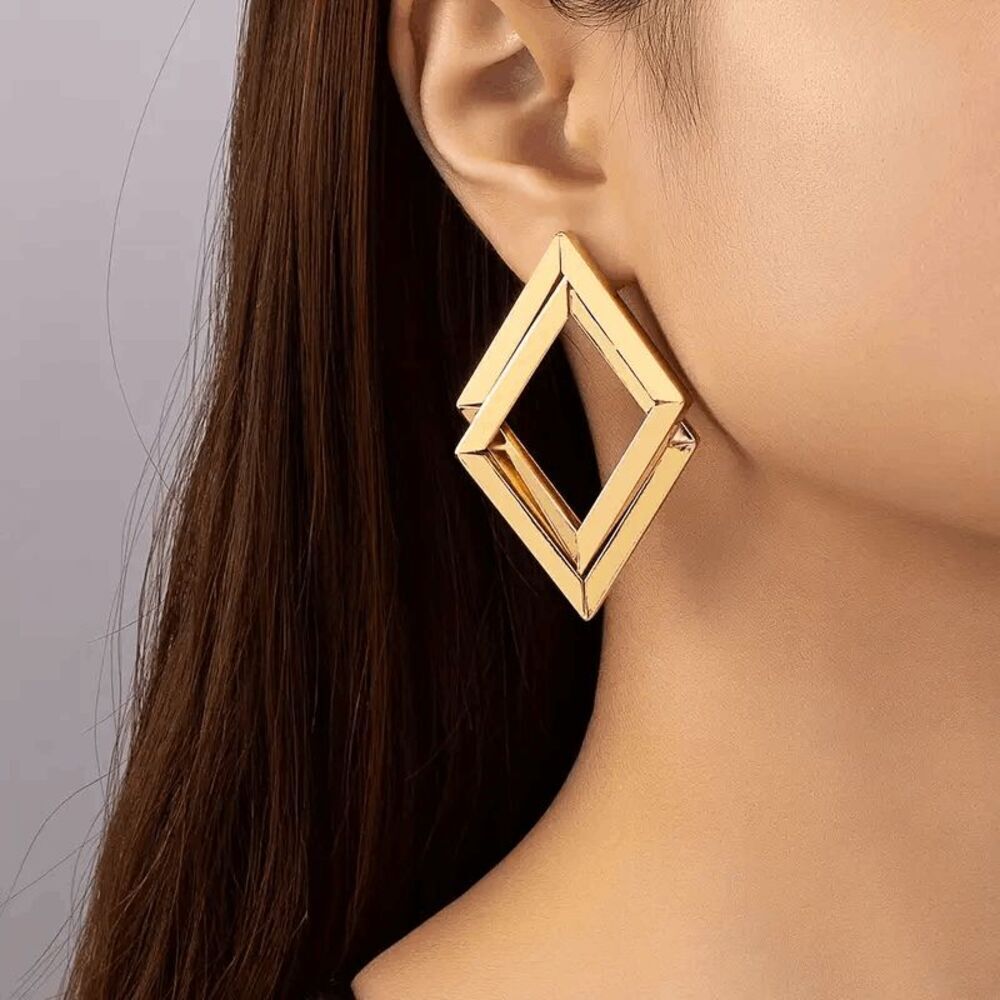 Diamond Shaped Geometric Double Layered Earrings